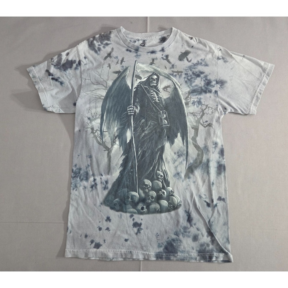 Liquid Blue Shirt Mens Medium Gray Black Tie Die Grim Reaper Death Skull Y2K